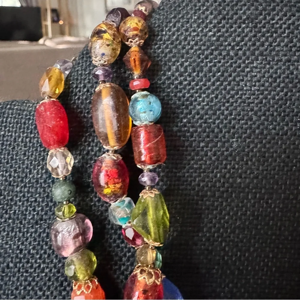 VTG Czech Multicolor 16” Glass Bead 3 Strand Necklace‎ Gold Accents Boho Chic